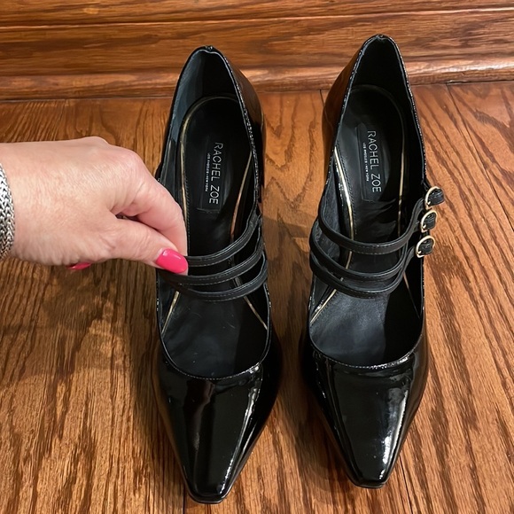 RACHEL ZOE Sam black patent leather 3 strap heeled pump point toe size 10 - Picture 3 of 17
